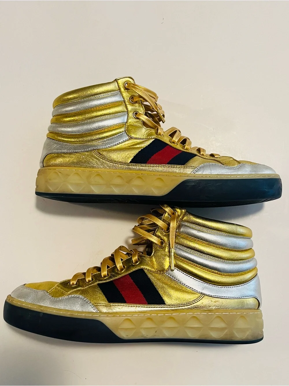 Gucci Men’s Metallic Gold Leather High Top Sneakers Size 8.5